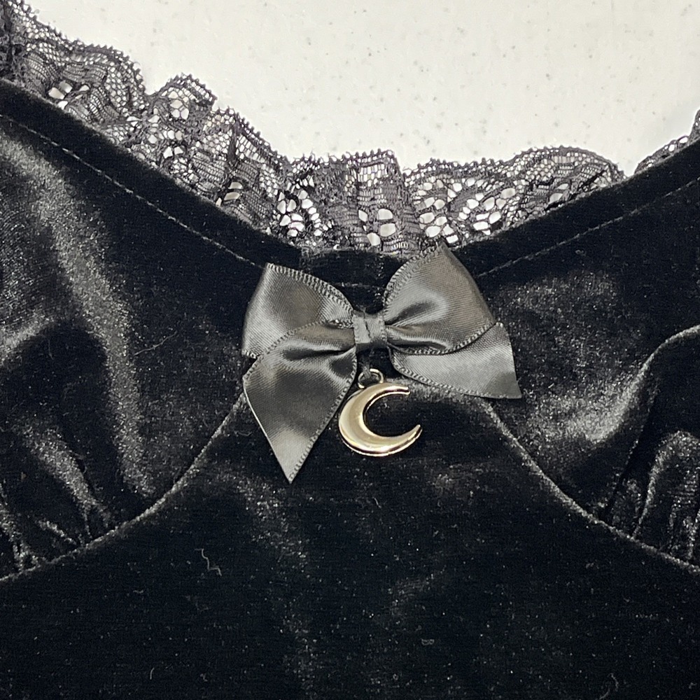 Black Velvet Dress Babydoll Lace Trim Mini Size M Celestial‎ Witchy Whimsigoth - Picture 9 of 11